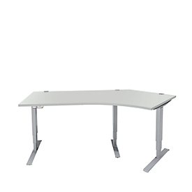 Schäfer Shop Genius AERO FLEX escritorio angular, regulable eléctricamente en altura, ángulo de 135° a la derecha, anchura 2165 mm, aluminio gris claro/blanco + panel de memoria