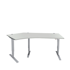 Schäfer Shop Genius AERO FLEX escritorio angular, regulable eléctricamente en altura, ángulo de 135° a la izquierda, anchura 2165 mm, aluminio gris claro/blanco + panel de memoria