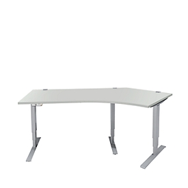 Schäfer Shop Genius AERO FLEX hoekbureau, elektrisch in hoogte verstelbaar, hoek 135° rechts, B 2165 mm, aluminium lichtgrijs/wit + memoryplaat