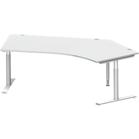 Schäfer Shop Genius angle desk MODENA FLEX 135°, T-foot round tube, W 2165 mm, attachment right, light gray/white aluminum