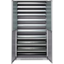 Schäfer Shop Genius Armoire à bacs FS, 5 HC, verrouillable, 10 tablettes, 2 plateaux perforés, jusqu'à 450 kg, L 1055 x P 520 x H 1950 mm, alu blanc/alu blanc