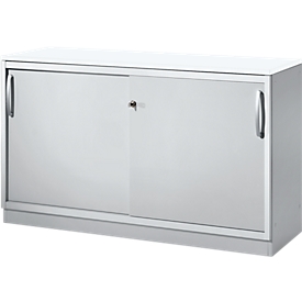 Schäfer Shop Genius Armoire à portes coulissantes TETRIS SOLID, 2 HC, l. 1200 x H 818 mm, cloison médiane, plateau de finition de 19 mm, blanc/alu blanc 