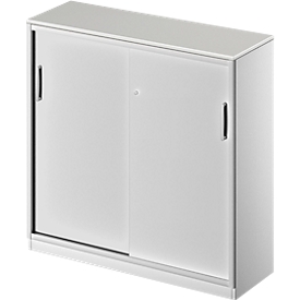Schäfer Shop Genius Armoire à portes coulissantes TETRIS SOLID, 3 HC, l. 1200 x H 1170 mm, cloison médiane, plateau de finition de 19 mm, gris clair/alu blanc 