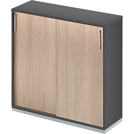 Schäfer Shop Genius Armoire à portes coulissantes TETRIS WOOD, 3 HC, L 1200 mm, socle en acier inclus, graphite/chêne