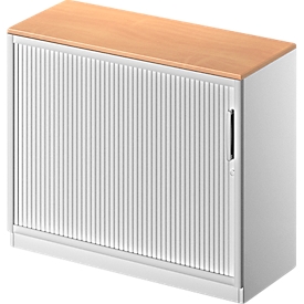 Schäfer Shop Genius Armoire à rideau coulissant transversal TETRIS SOLID, 2 HC, l. 1000 mm, avec plateau de finition de 19 mm, coloris hêtre/alu blanc/alu blanc