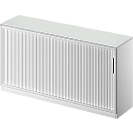 Schäfer Shop Genius Armoire à rideau coulissant transversal TETRIS SOLID, 2 HC, l. 1600 mm, avec plateau de finition de 19 mm, gris clair/alu blanc/alu blanc