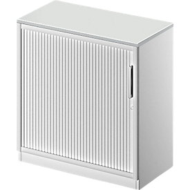 Schäfer Shop Genius Armoire à rideau coulissant transversal TETRIS SOLID, 2 HC, l. 800 mm, avec plateau de finition de 19 mm, gris clair/alu blanc/alu blanc