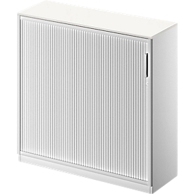 Schäfer Shop Genius Armoire à rideau coulissant transversal TETRIS SOLID, 3 HC, l. 1200 mm, avec plateau de finition de 19 mm, blanc/alu blanc