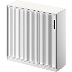 Schäfer Shop Genius Armoire à rideau coulissant transversal TETRIS SOLID, 3 HC, l. 1200 x P 413 x H 1170 mm, avec étagères et plateau de finition, blanc/alu blanc 