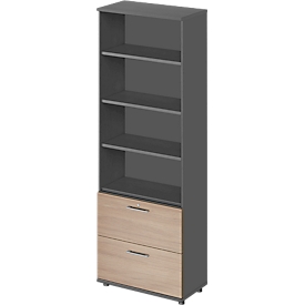 Schäfer Shop Genius Armoire combinée TETRIS WOOD, 6 HC, H 2270 mm, 2 tiroirs pour dossiers suspendus, hauteur avec patins, graphite/chêne