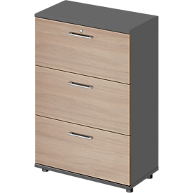 Schäfer Shop Genius Armoire pour dossiers suspendus TETRIS WOOD, 3 HC, L 800 mm, hauteur incl. patins, verrouillable,graphite/chêne