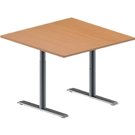 Schäfer Shop Genius Besprechungstisch MODENA FLEX, Quadrat, T-Fuss Rundrohr, B 1000 x T 1000 x H 650-850 mm, Buche/weissaluminium RAL 9006 