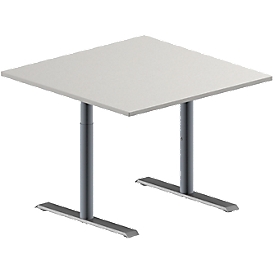 Schäfer Shop Genius Besprechungstisch MODENA FLEX, Quadrat, T-Fuß Rundrohr, B 1000 x T 1000 x H 650-850 mm, lichtgrau/weißaluminium RAL 9006 