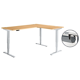 Schäfer Shop Genius Bureau d'angle AERO FLEX, réglage électrique de la hauteur, angle 90°, pied en C, L 2000 x P 1600 mm, décor hêtre/aluminium blanc, panneau de mémoire + passage de câbles