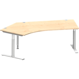 Schäfer Shop Genius Bureau d'angle MODENA FLEX 135°, tube de pied en T, L 2165 mm, approche à gauche, érable/alu blanc