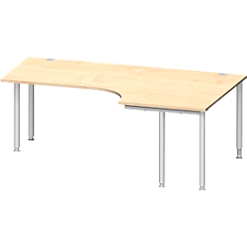 Schäfer Shop Genius Bureau d’angle MODENA FLEX 90°, extension à droite, des deux côtés, espacement des pieds réduit sur le côté, 4 pieds avec tubes ronds, coloris érable 