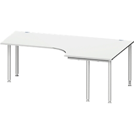 Schäfer Shop Genius Bureau d’angle MODENA FLEX 90°, extension à droite, des deux côtés, espacement des pieds réduit sur le côté, 4 pieds avec tubes ronds, gris clair 