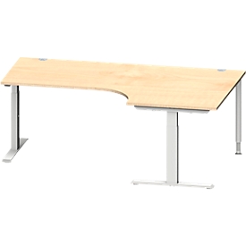 Schäfer Shop Genius Bureau d’angle MODENA FLEX 90°, pieds en T avec tubes rectangulaires, l. 2000 mm, extension à droite, érable/alu blanc 