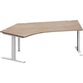 Schäfer Shop Genius Bureau d'angle MODENA FLEX, angle de 135° à gauche, pied en T en tube rectangulaire, L 2165 x P 800/800 x H 650-850 mm, chêne/alu blanc