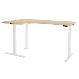 Schäfer Shop Genius Bureau d'angle Modena Flex, réglage électrique de la hauteur, angle 90°, pied en T, L 2000 mm, érable/blanc