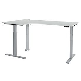 Schäfer Shop Genius Bureau d'angle Modena Flex, réglage électrique de la hauteur, angle 90°, pied en T, L 2000 mm, gris clair/blanc alu