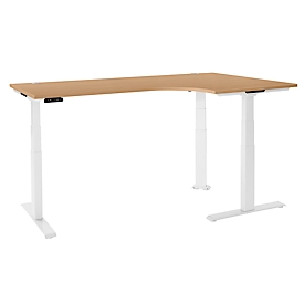 Schäfer Shop Genius Bureau d'angle Modena Flex, réglage électrique de la hauteur, angle 90°, pied en T, L 2000 mm, hêtre/blanc