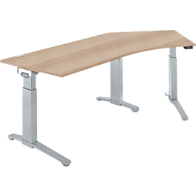 Schäfer Shop Genius Bureau ERGOSTYLE S, 135°, à un niveau, réglage électrique de la hauteur, approche à droite, pied en C, L 2165 x P 800 x H 715-1182 mm, avec Memory Master, chêne/aluminium blanc
