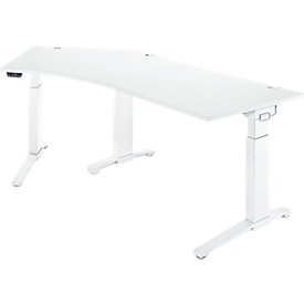 Schäfer Shop Genius Bureau ERGOSTYLE S, 135°, à un niveau, réglage électrique de la hauteur, approche à gauche, pied en C, L 2165 x P 800 x H 715-1182 mm, avec Memory Master, blanc/blanc