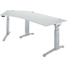 Schäfer Shop Genius Bureau ERGOSTYLE S, 135°, à un niveau, réglage électrique de la hauteur, approche à gauche, pied en C, L 2165 x P 800 x H 715-1182 mm, avec Memory Master, gris clair/aluminium blanc