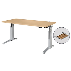 Schäfer Shop Genius Bureau ERGOSTYLE S, rectangulaire, hauteur réglable électriquement sur 2 niveaux, piétement en C, L 1600 x P 800 x H 635-1305 mm, avec Memory Master + tiroir, érable/aluminium blanc