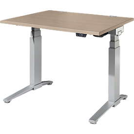 Schäfer Shop Genius Bureau ERGOSTYLE S, rectangulaire, réglage électrique de la hauteur, deux niveaux, pied en C, L 1200 x P 800 x H 635-1305 mm, avec Memory Master, chêne/aluminium blanc