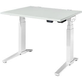 Schäfer Shop Genius Bureau ERGOSTYLE S, rectangulaire, réglage électrique de la hauteur, deux niveaux, pied en C, L 1200 x P 800 x H 635-1305 mm, y compris Memory Master, gris clair/blanc