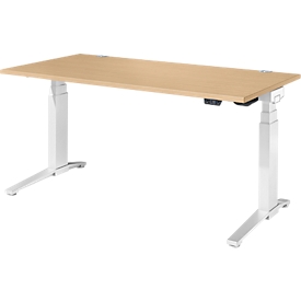 Schäfer Shop Genius Bureau ERGOSTYLE S, rectangulaire, réglage électrique de la hauteur, deux niveaux, pied en C, L 1600 x P 800 x H 635-1305 mm, avec Memory Master, érable/blanc