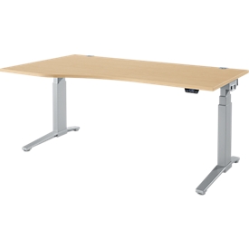 Schäfer Shop Genius Bureau ERGOSTYLE S, réglage électrique de la hauteur, approche à gauche, deux niveaux, pied en C, L 1800 x P 800/1000 x H 645-1305 mm, avec Memory Master, érable/aluminium blanc