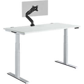 Schäfer Shop Genius bureau Modena Flex, elektrisch in hoogte verstelbaar, T-voet, B 1600 x D 800 x H 645-1290 mm, aluminium lichtgrijs/wit + bedieningspaneel met geheugen, monitorarm MX8-112