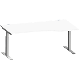 Schäfer Shop Genius Bureau MODENA FLEX, forme libre à droite, pied en T tube rectangulaire, L 1800 x P 1000/800 x H 650-850 mm, blanc/alu blanc