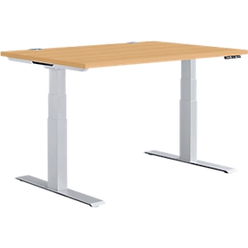 Schäfer Shop Genius Bureau MODENA FLEX, réglage électrique de la hauteur, rectangle, pied en T, L 1200 x P 800 mm, hêtre/alu blanc