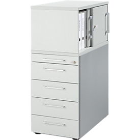 Schäfer Shop Genius Caisson haut avec armoire supérieure avec portes coulissantes verrouillables, L 435 x P 800 x H 1092 mm, poignées carrées, gris clair/aluminium blanc
