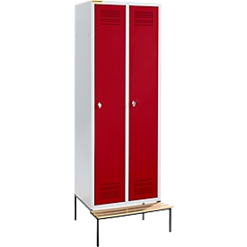 Schäfer Shop Genius Casier de vestiaires avec banc, 2 compartiments, largeur de compartiment 300 mm, serrure de sécurité à came batteuse, gris clair/rouge rubis
