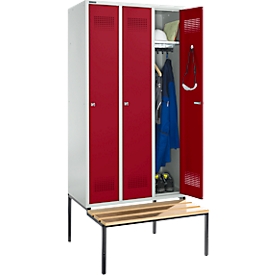 Schäfer Shop Genius Casier de vestiaires avec banc, 3 compartiments, largeur de compartiment 300 mm, serrure à cylindre, gris clair/rouge rubis