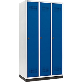 Schäfer Shop Genius Casier de vestiaires sur socle, 3 compartiments, largeur de compartiment 300 mm, serrure de sécurité à came batteuse, bleu gentiane