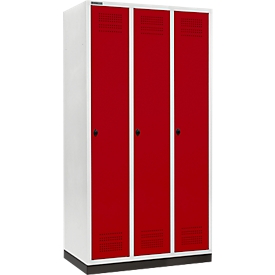 Schäfer Shop Genius Casier de vestiaires sur socle, 3 compartiments, largeur de compartiment 300 mm, serrure de sécurité à came batteuse, rouge rubis