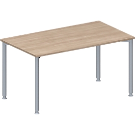 Schäfer Shop Genius conference table MODENA FLEX, rectangle, 4-leg round tube, W 1400 x D 800 x H 720-840 mm, oak decor/white aluminum RAL 9006