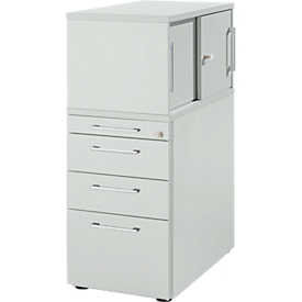 Schäfer Shop Genius Conteneur latéral avec armoire supérieure avec porte coulissante, conteneur et porte coulissante verrouillables, avec poignée carrée, gris clair 