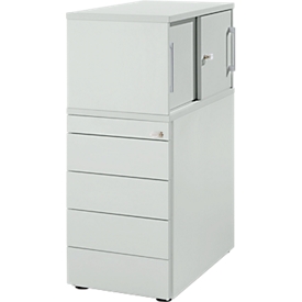 Schäfer Shop Genius Conteneur latéral avec armoire supérieure avec porte coulissante, conteneur et porte coulissante verrouillables, avec rainure de préhension, gris clair 