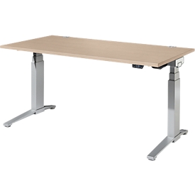 Schäfer Shop Genius desk ERGOSTYLE S, rectangular, electrically height-adjustable, two-stage, C-foot, W 1600 x D 800 x H 635-1305 mm, incl. Memory Master, oak/white aluminum
