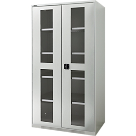 Schäfer Shop Genius double door cabinet FS, steel, viewing window, ventilation holes, W 1055 x D 620 x H 1950 mm, 5 OH, light grey/light grey, up to 500 kg 