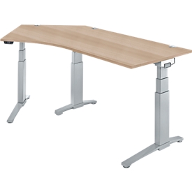 Schäfer Shop Genius ERGOSTYLE S bureau, 135°, elektrisch in hoogte verstelbaar, aanbouw links, tweetraps, C-voet, B 2165 x D 800 x H 645-1305 mm, incl. Memory Master, eiken/blank aluminium
