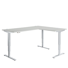 Schäfer Shop Genius escritorio angular AERO FLEX, regulable en altura eléctricamente, ángulo de 90° alterno, W 2000 mm, aluminio gris claro/blanco + panel de memoria