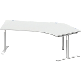Schäfer Shop Genius escritorio angular MODENA FLEX 135°, pie en T tubo redondo, ancho 2165 mm, fijación derecha, aluminio gris claro/blanco